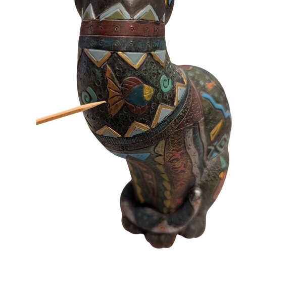 Hand-Painted Egyptian Bastet Cat Figurine with Patterns Scarab Designs - Picture 4 of 12
